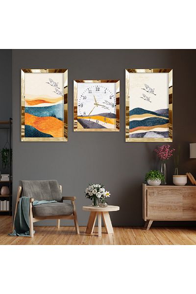 Zevahir Mobilya Dekorasyon Set de pictură și ceas din MDF cu margine din plexiglas auriu cu model abstract de păsări nomad