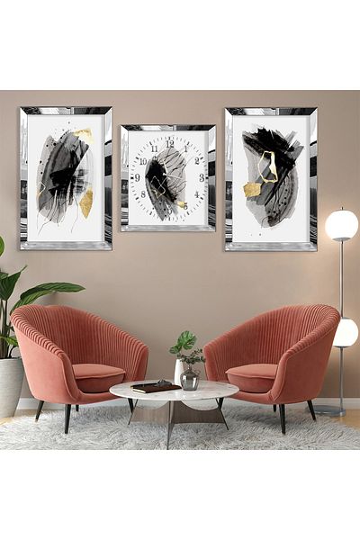 Zevahir Mobilya Dekorasyon Set de pictură și ceas din MDF cu model abstract din argint cu margine din plexiglas