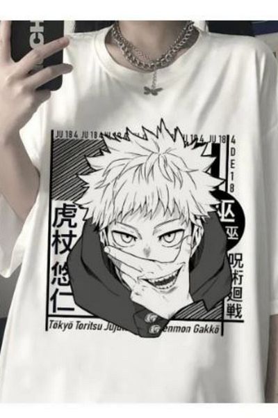 Köstebek Anime Jujutsu Kaisen Barcode Λευκό μπλουζάκι Unisex