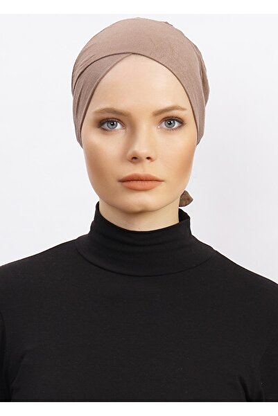 Ecardin Kadın Çapraz Bone Tesettür Hazır Kaymaz Türban Hijab Pratik Kayma Yapmaz Elastan Bone - Koyu Vizon
