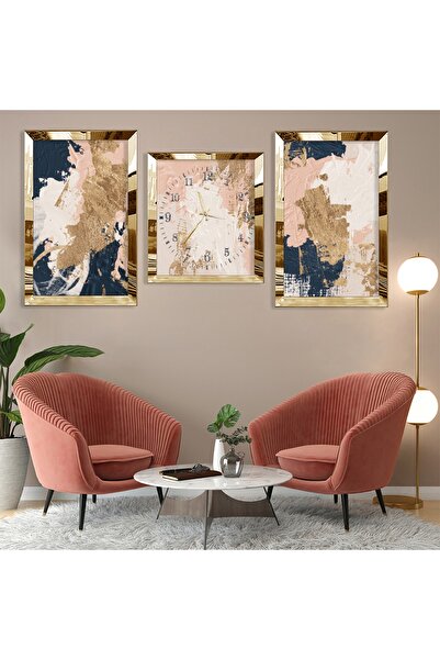 Zevahir Mobilya Dekorasyon Soyut Desen Boya Gold Pleksi Kenar Üçlü Mdf Tablo Seti Ve Saat Seti