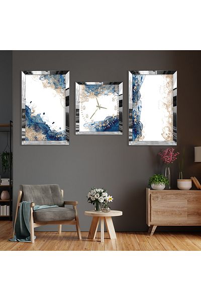 Zevahir Mobilya Dekorasyon Colaj alb albastru cu cadru din plexiglas cu oglindă argintie Set de pictură și set de ceasuri din MDF triplu argintiu