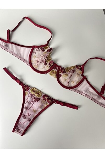shine Kadın Fantezi Dantel Detaylı Çiçek Motifli Sütyen Külot String Iç Çamaş...