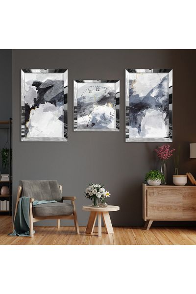 Zevahir Mobilya Dekorasyon Abstract Pattern Silver Plexi Edge Triple Mdf Table Set and Clock Set