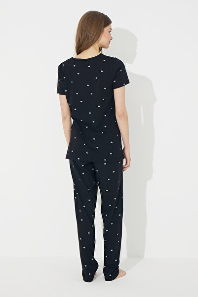 Siyah İnci Set pijama neagră cu mânecă scurtă din bumbac