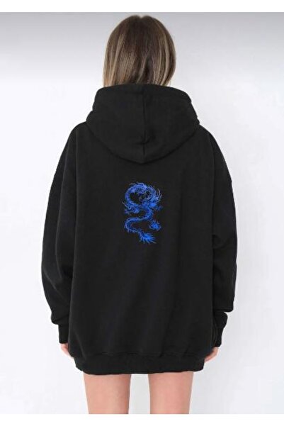 LOUİSA Hooded Zippered Blue Dragon Printed Black Cardigan