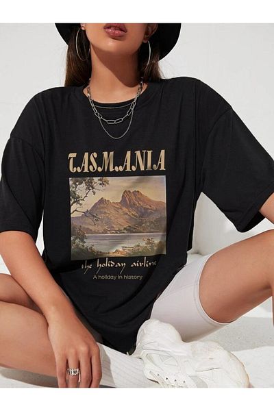 MOONBULL Μπλουζάκι Oversize Black Tasmania Printed
