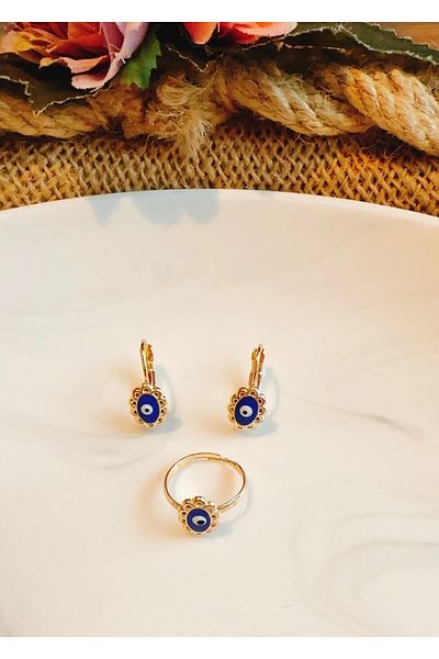 Yeşim Aksesuar Evil Eye Children's Earring and Ring Set, Allergy-Free Children's Ring and Earring Set