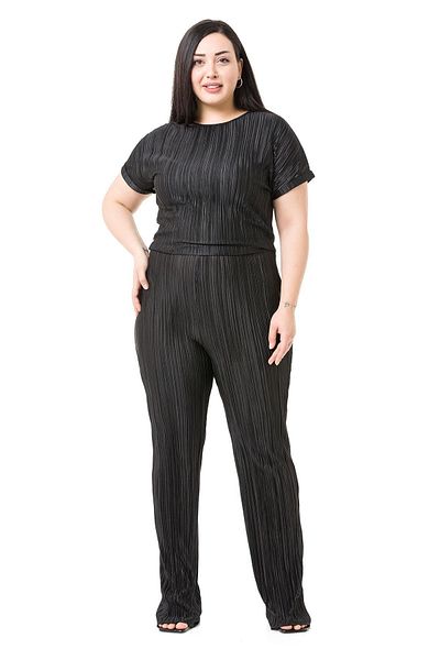 DISENTIS MODEST Plus Size Short Sleeve Black Women's Jumpsuit with Elastic Waist and Zipper
