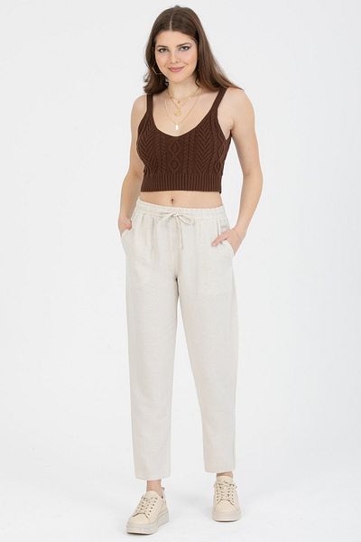 MD trend Women's Stone Elastic Waist Double Pocket Tie Linen Trousers