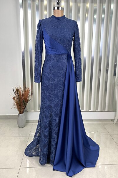 Rana Zenn Lacivert Belden Pelerinli Dantel Saten Mihru Abiye