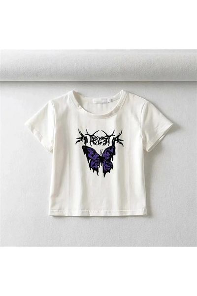 Gofeel Gothic Purple Butterfly Printed Short Sleeve Reverse Stitching White Purple Color Crop T-shirt