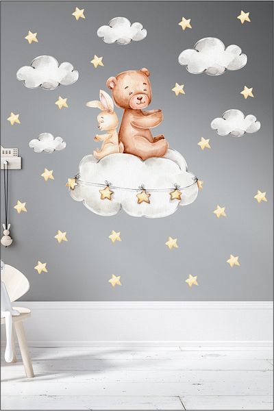 PANDA SOKAĞI Cute Rabbit Teddy Bear and Clouds Kids Baby Room Sticker Set - Compressed Condition 50x50