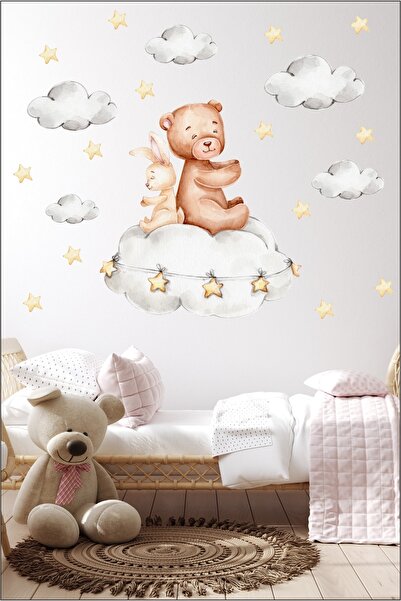 PANDA SOKAĞI Cute Rabbit Teddy Bear and Clouds Kids Baby Room Sticker Set - Compressed Condition 50x50