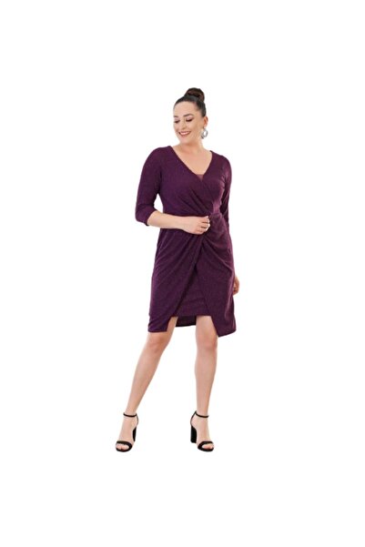 ZY BUTİK Plus Size Purple Three Quarter Sleeve Glitter V Neck Short Evening D...