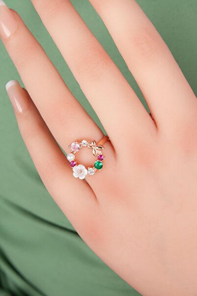 klas gümüş Mix Taşlı Rose Manolya Çiçeği Yüzük-925 Ayar Gümüş