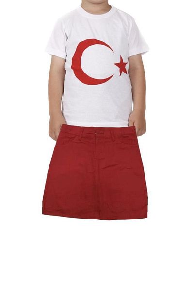 FATELLA Girl's Short Sleeve Ataturk Printed T-shirt Linen Skirt Suit School Performance 23 April 29 October 10 November