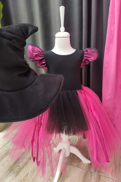 Shecco Babba Fuchsia Black Asymmetrical Girl's Tutu Witch Dress and Hat, Birthday Dress