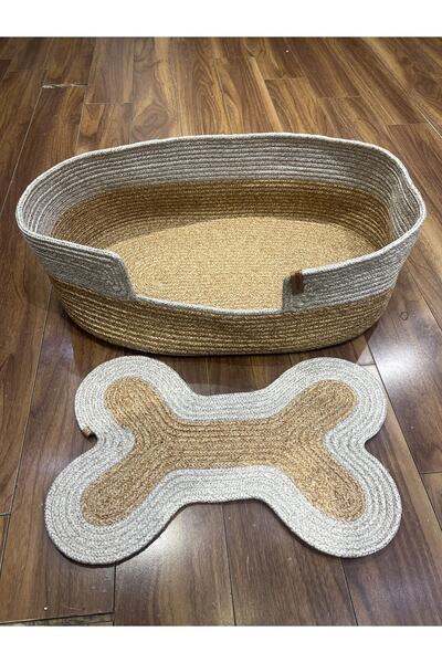 TurQhouse Natural Jute Wipeable Antiallergic And Cat Dog Bed And Food Mat Set