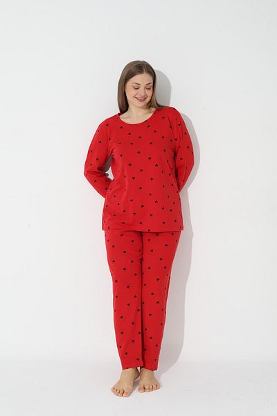 Siyah İnci Red Curve Plus Size King Size Cotton Pajama Set