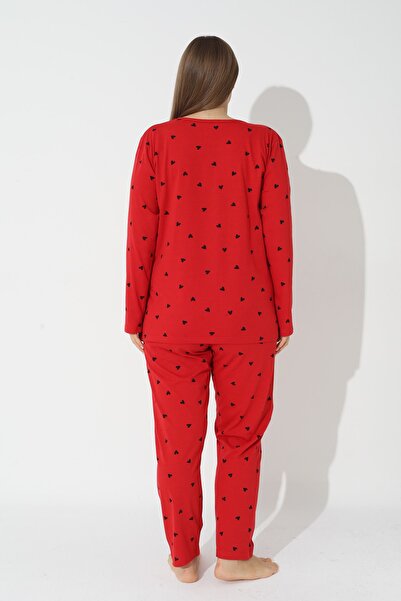 Siyah İnci Kırmızı Curve Büyük Beden Battal Boy Pamuklu Pijama Takımı