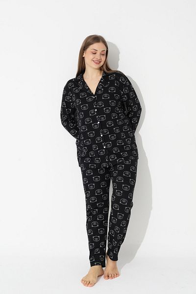 Siyah İnci Black Teddy Bear Patterned Curve Plus Size Oversize Buttoned Cotton Pajama Set