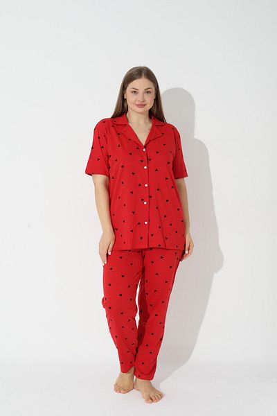 Siyah İnci Комплект памучна пижама с къси ръкави и копчета Red Curve Plus Size King Size