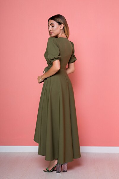 lovebox Women's Flexible Atlas Fabric Belted Asymmetric Cut Midi Length Double Breasted Collar Khaki Flared Dress 410