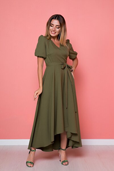 lovebox Women's Flexible Atlas Fabric Belted Asymmetric Cut Midi Length Double Breasted Collar Khaki Flared Dress 410