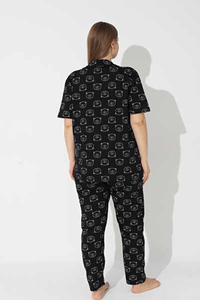 Siyah İnci Black Teddy Bear Patterned Curve Plus Size Oversize Short Sleeve Buttoned Cotton Pajama Set