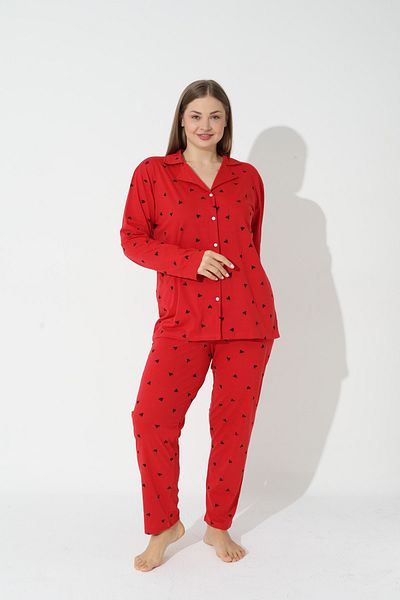 Siyah İnci Red Curve Plus Size Buttoned Cotton Pajama Set