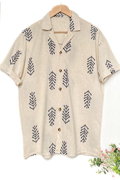 MİRMARONİ Ανδρικό λινό καλοκαιρινό κοντομάνικο πουκάμισο Oversize