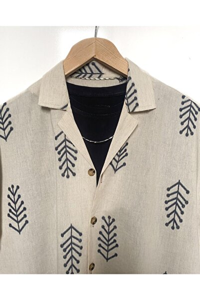 MİRMARONİ Ανδρικό λινό καλοκαιρινό κοντομάνικο πουκάμισο Oversize