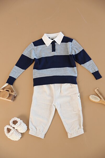 babylinbow Lacivert Gri Çizgili Yakalı Unisex Triko