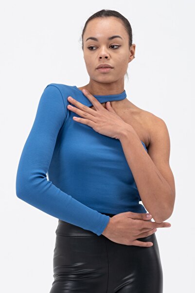 PUNKY CAT Women's Blue Low-cut Single Sleeve Blouse