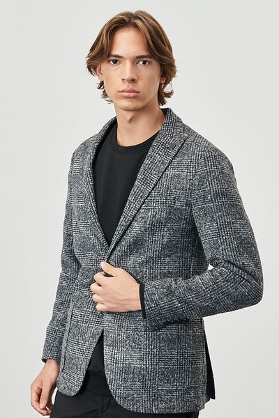 ALTINYILDIZ CLASSICS Schwarz-graue Slim Fit Wolljacke für Herren mit Rollkragen und Karomuster