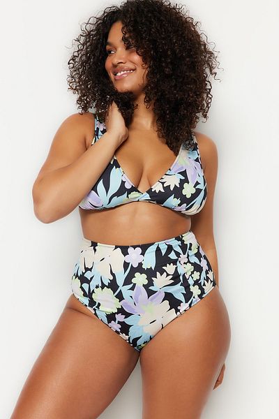 Trendyol Curve Mehrfarbige, floral gemusterte Bikinihose mit hoher Taille TBBSS23CR00007