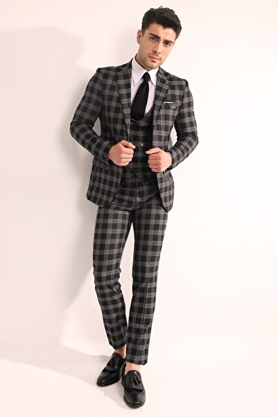Fc Plus Erkek Siyah Ekose Yelekli  Slim Fit Takım Elbise
