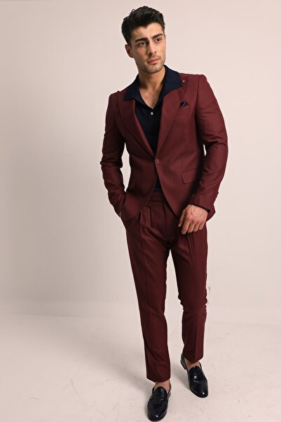 Fc Plus Erkek Bordo Düz Armür Slım Fıt Takım Elbise