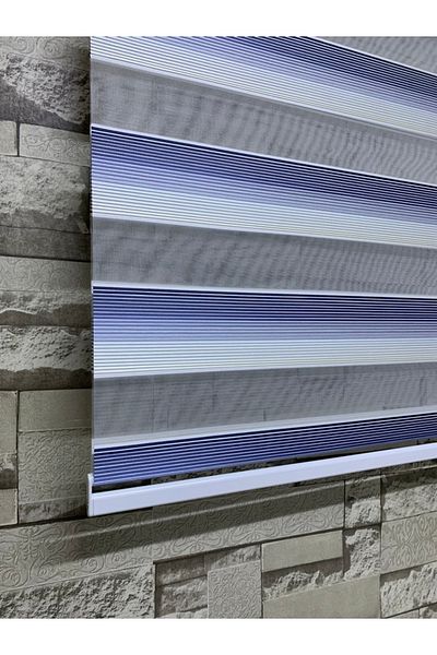 PERDECİNİZ Blue and White Mini Pleat Zebra Curtain (Straight Hem Part)