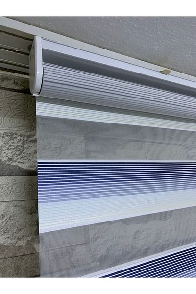 PERDECİNİZ Blue and White Mini Pleat Zebra Curtain (Straight Hem Part)