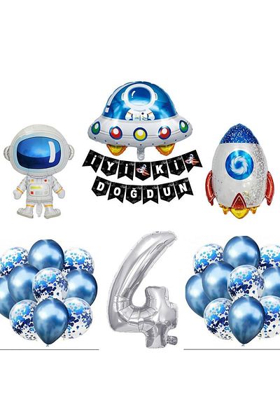 Patladı Gitti Space Concept 4 Year Old Birthday Party Celebration Set; Astronaut, UFO and Spaceship Foil Balloon Set