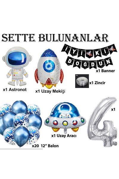 Patladı Gitti Space Concept 4 Year Old Birthday Party Celebration Set; Astronaut, UFO and Spaceship Foil Balloon Set