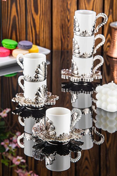 HitDukkan Damla 6 Kişilik 12 Parça Gümüş Renk Türk Kahvesi Fincan Sunum Seti