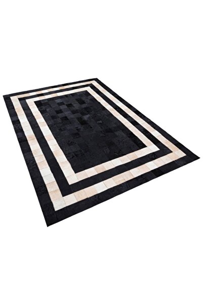 Dericibey Siyah & Krem Dana Derisi Patchwork Halı