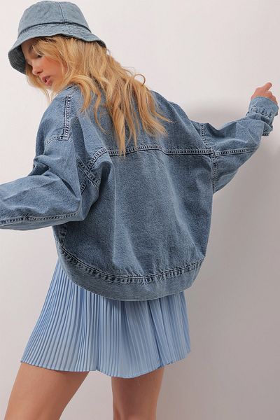 Trend Alaçatı Stili Jachetă albastră, supradimensionată, cu guler de cămașă, crop, bluză ALC-X9821
