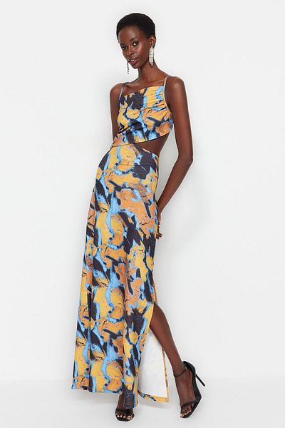 Trendyol Collection A-Cut πλεκτό εμπριμέ πολύχρωμο μακρύ βραδινό φόρεμα - TPRSS23AE00064