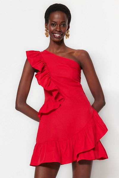 Trendyol Collection A-szabású piros poplin estélyi ruha bolyhos részlettel, rövid estélyi ruha TPRSS23EL00427