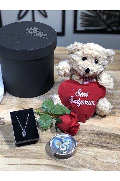 Denseden Istiridye Içinde Inci Kolyeli Kırmızı Gül Ve Ayıcıklı 14 Şubat Sevgi...