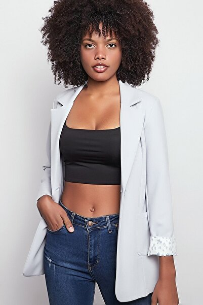 MissKybele Ucu Desenli Ve Katlamalı Kol Astarsız Cepli Ve Düğmeli Uzun Blazer Ceket